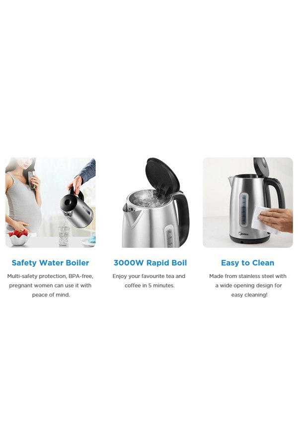 Living and Home 1.7L Midea Electric Kettle 3KW Stainless Steel Kettle LED Indicator Dry-Boiling Protection