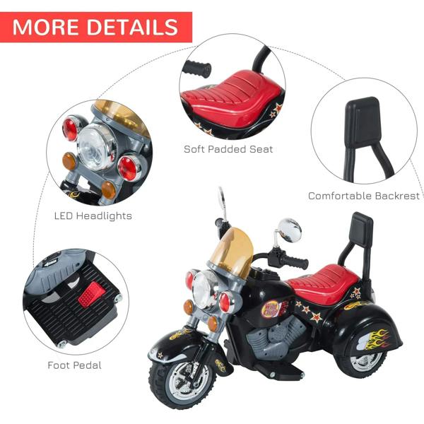 Ride-on motorbike trike features: red padded seat, LED headlights, foot pedal and backrest