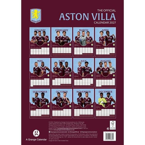 Grange Communications Ltd Aston Villa FC A3 Calendar 2027, Wall Calendars, Month To View, Sports, Gift