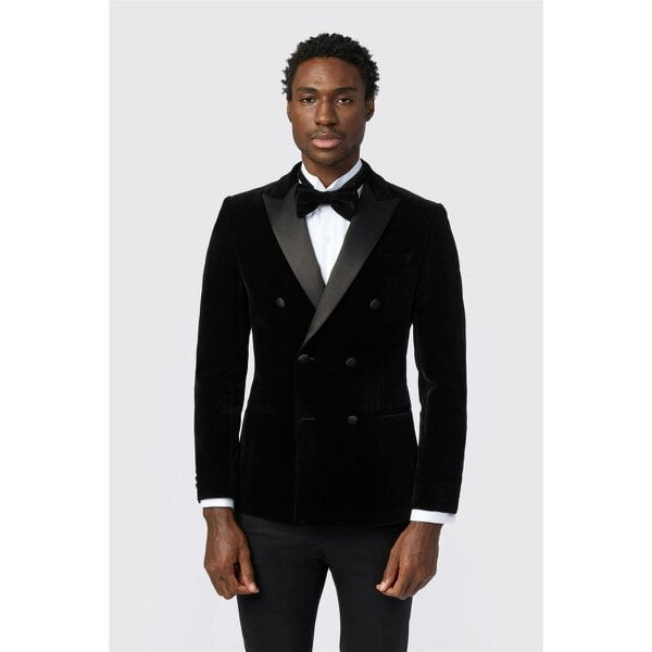 Antique Rogue Slim Fit Black Velvet Double Breasted Blazer