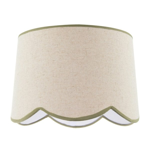Natural Oatmeal Textured Linen Scallop Lamp Shade with Olive Trims Image 1