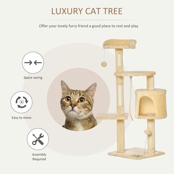 Beige luxury cat tree with perches, condo, and hanging ball toy on sisal posts