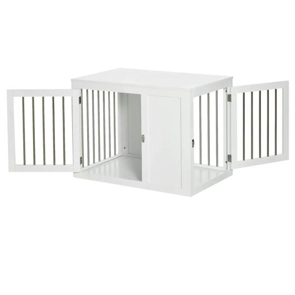 White 2-in-1 dog cage and side table with two open side doors and interior base