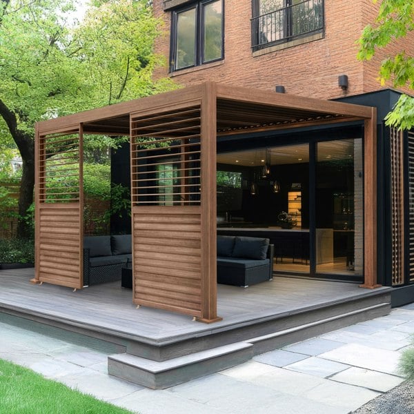 Jardi Wood Effect Aluminium Pergola 4m x 3m with 2 Louvre Panels