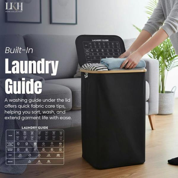 LKH HOME COLLECTION LKH Laundry Basket with Lid 100 Litre-600D Polyester Clothes Hamper-Laundry with Bamboo Handles-44x33x70cm