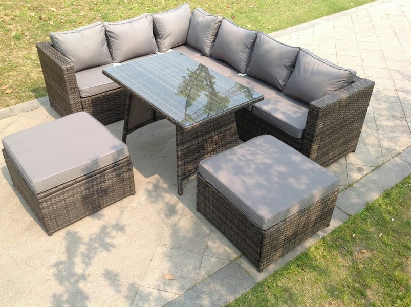 Fimous 8 Seater Rattan Corner Sofa Set Dining Table 2 Big Footstool Garden Furniture Outdoor