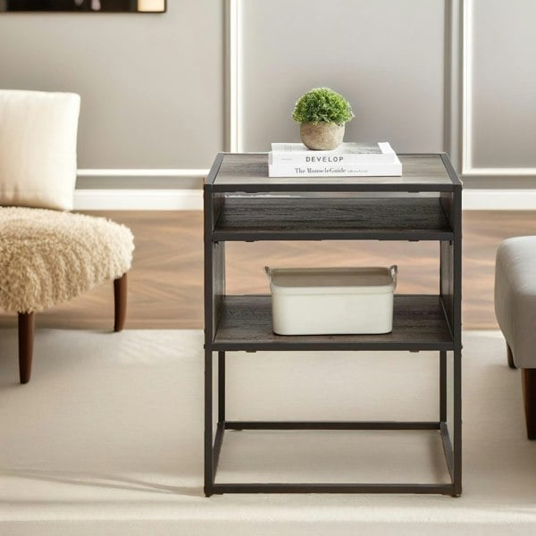 Rafaelo Mobilia Industrial Square Side Table With Open Storage Grey Walnut