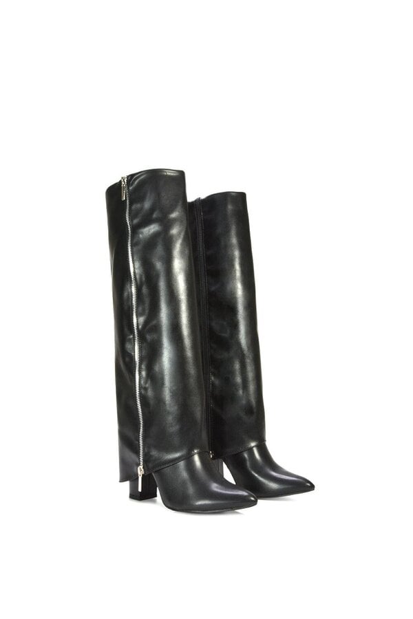 XY LONDON Knee High Boots Fold Over Point Toe Deco Zip