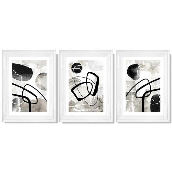 Artze Wall Art Set of 3 Abstract Black Grey Watercolour Framed Wall Art