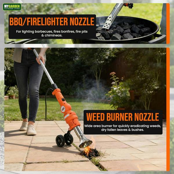 My Garden Outdoor Living My Garden Electric Weed Burner 2000W - Dual Heat Weed Remover with Folding Wheels, 2 Nozzles, Detachable Handle & UK Plug