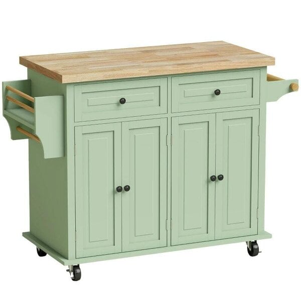 Rolling Kitchen Island Storage Trolley with Rubber Wood Top & Drawers for Dining Room, Light Green