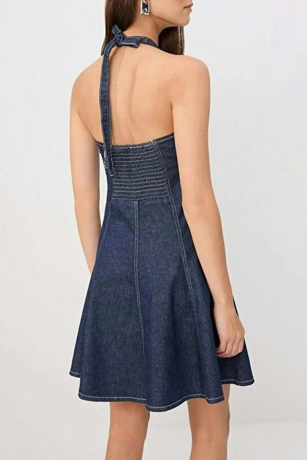 WOVCOR Halter Neck Tie Detail Skater Mini Denim Dress