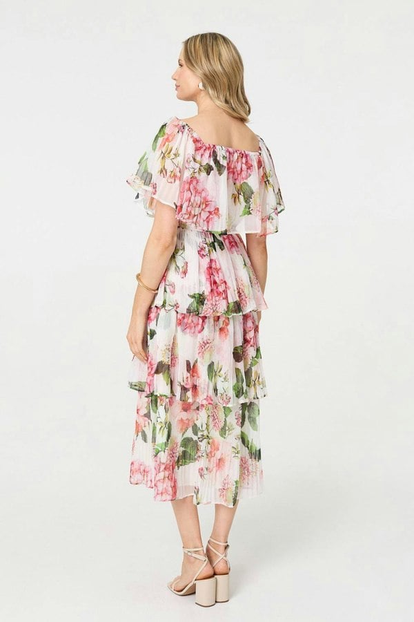 White | Floral Tiered Pleated Midi Dress
