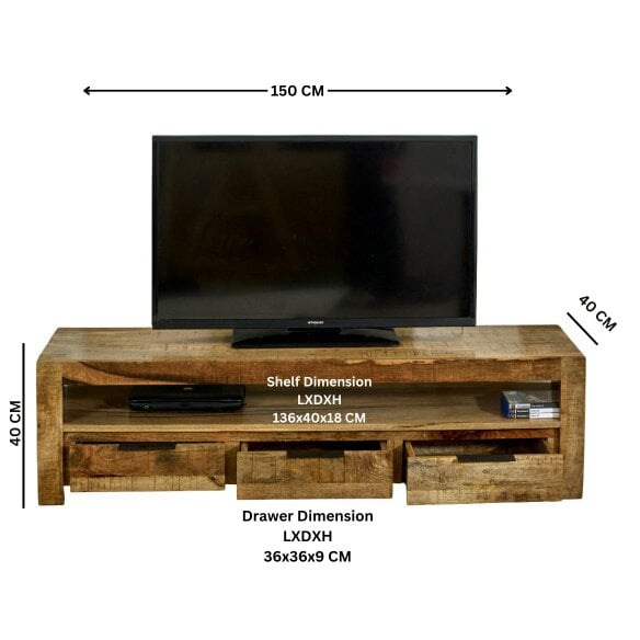 Wyld Haus London Natural Mango Wood Large TV Cabinet with 3 Drawers and 1 Shelf