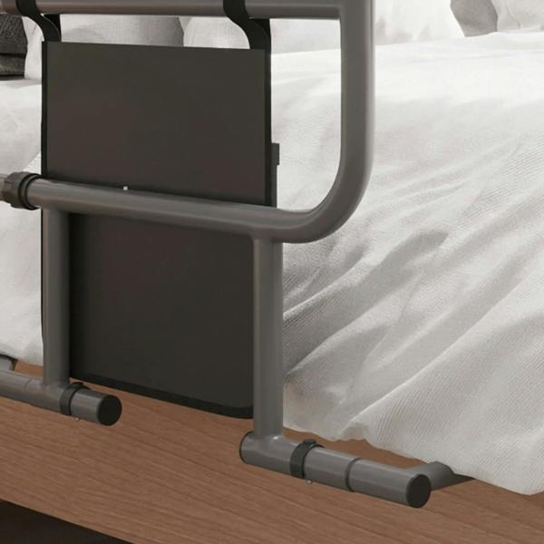 Black storage pocket panel on a bed assist rail with base foot bars and end caps.
