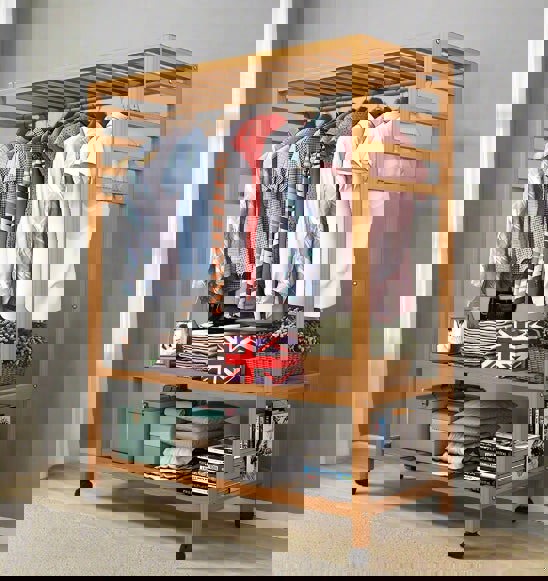 Modcraft Wooden Clothes Rail Rack – Heavy Duty Garment Hanging Stand with Shelves Open Wardrobe