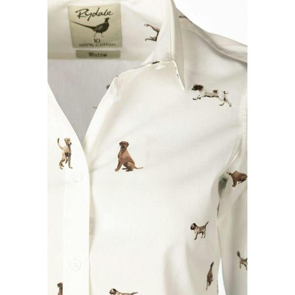 Detailed view of the Rydale Ladies Wistow Country Dogs shirt showing the realistic sporting dog print on soft cream cotton fabric.