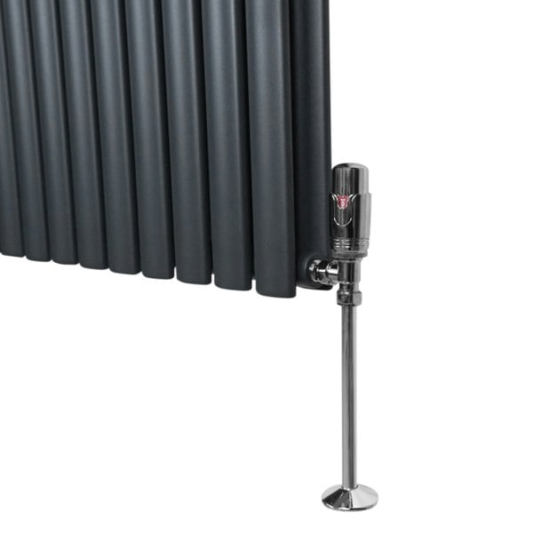 Anthracite grey oval column radiator with sleek vertical fins and chrome valve, showcasing modern design and elegant finish