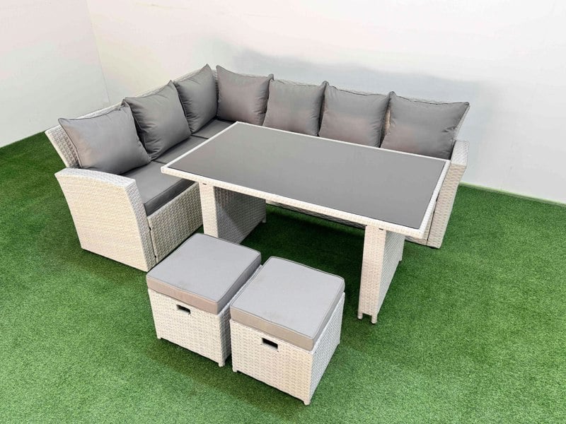 Fimous 8 Seater Wicker Rattan Corner Sofa Sets Outdoor Garden Furniture Sets with Rectangular Dining Table Lounge Sofa 2 Small Footstools Light Grey