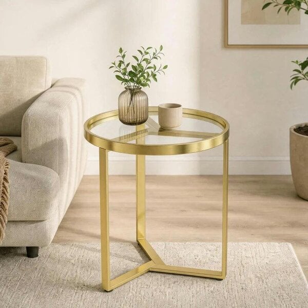 Round Side Table with Tempered Glass Top and Geometric Metal Frame for Small Space, Gold Tone - Gold Tone
