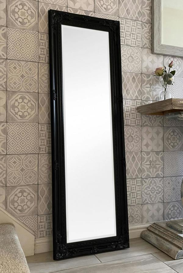 Downton Interiors Antique Style Black Tall Ornate Dressing Wall Mirror with Bevelled Glass 142cm
