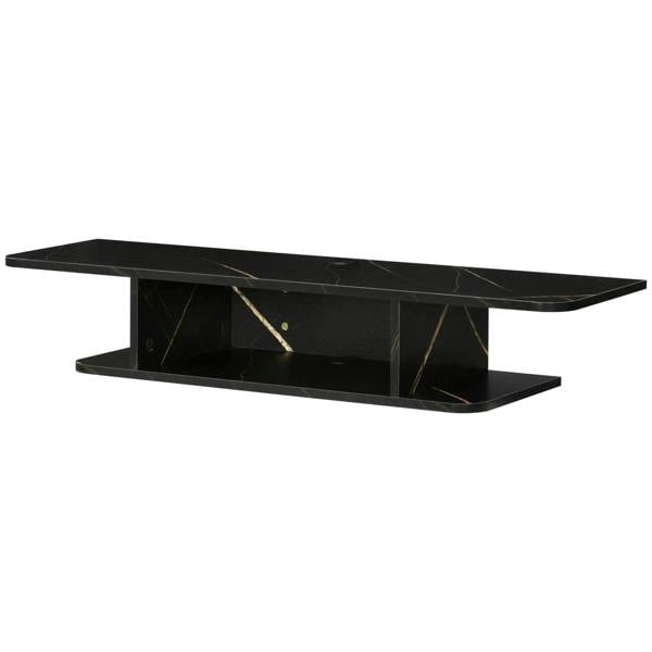 Black floating wall TV console with open storage shelf and gold-vein marble top