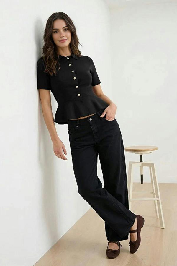 WOVCOR Fitted Waist Button Detail Blouse