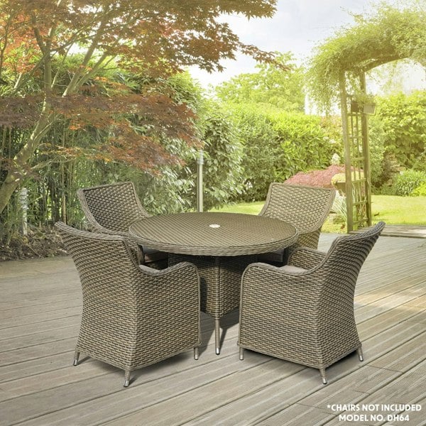 110cm Round 4 Seater Garden Dining Table - Rattan Wicker Brown & Glass Outdoor - LoopsDirect