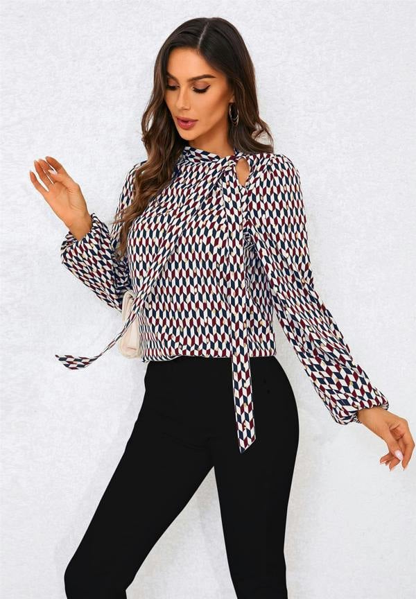 FS Collection Geo Print Side Tie Blouse Top In Wine