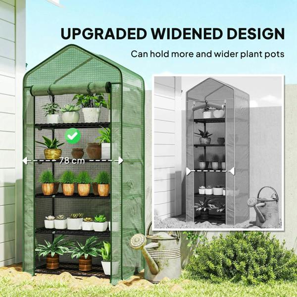 Green 5-tier mini greenhouse with clear PE cover and wire shelves, door open view.