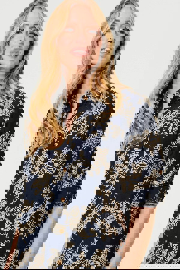 Navy | Floral Embroidered Long Sleeve Blouse
