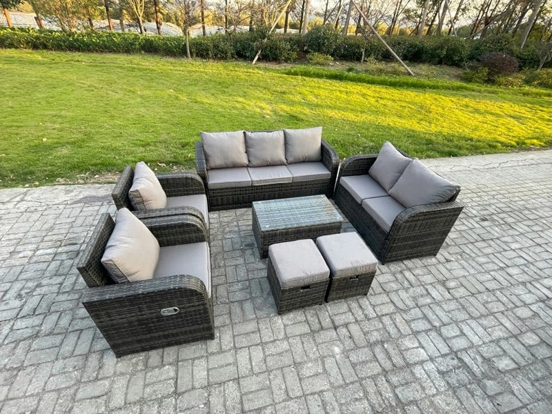 Fimous 9 Seater Rattan Wicker Garden Furniture Patio Conservatory Sofa Set with Rectangular Coffee Table 3 Seater Sofa Love Sofa 2 Small Footstools