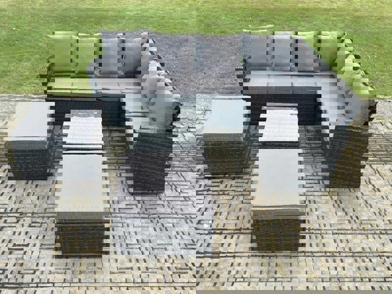 Fimous 8 Seater Wicker PE Outdoor Garden Furniture Set High Back Rattan Corner Sofa Set with 2 Big Footstool Square Coffee Table