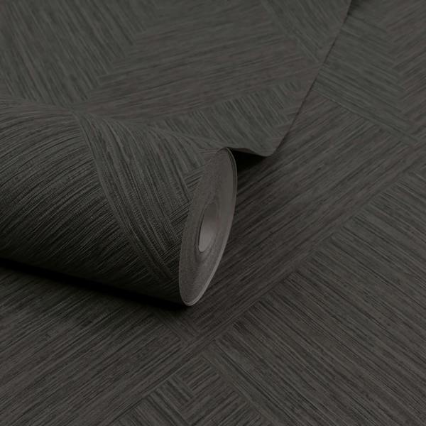 Grandeco Boutique Loni Geometric Natural Weave Luxury Weight  Embossed Wallpaper, Black Ash