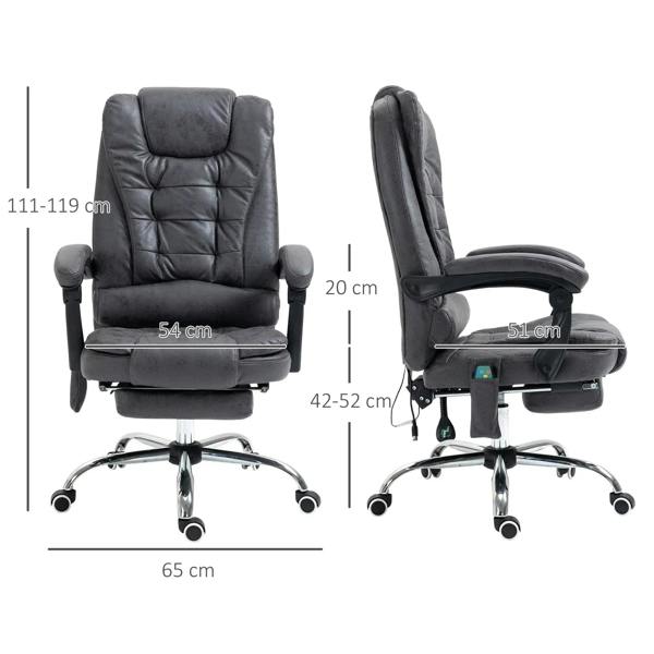 Dark grey office chair with high back and retractable footrest, showing front and side views