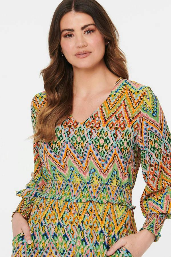 Green | Printed Long Sleeve Shirred Maxi Dress