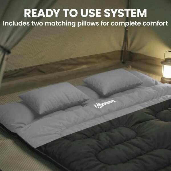 Double Sleeping Bag with 2 Pillows, 220 x 160 cm Extra-Large Sleeping Bag for Adults, Black and Grey