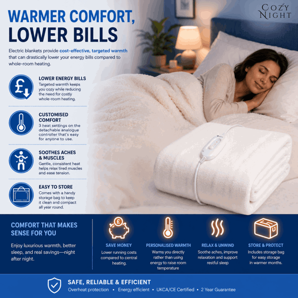 Cozy Night Electric Blanket Single Size Heated with 3 Heat Settings - Machine Washable with Overheat Protection