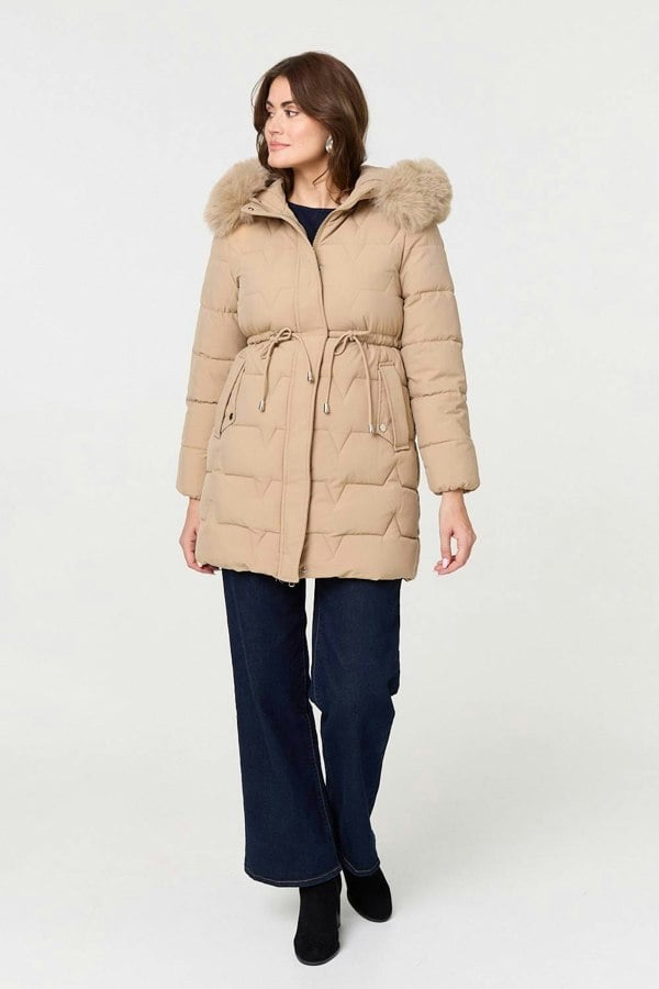 Beige | Faux Fur Hooded Tie Waist Puffer Jacket
