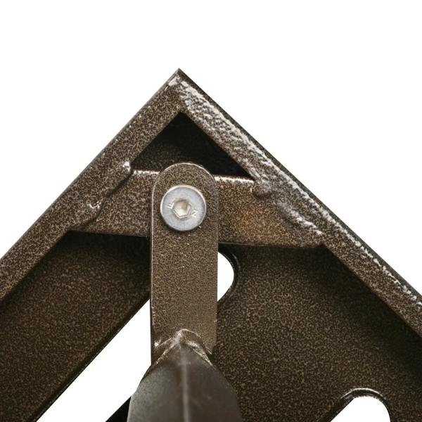 Close-up of metal corner bracket and umbrella-hole opening on rattan table