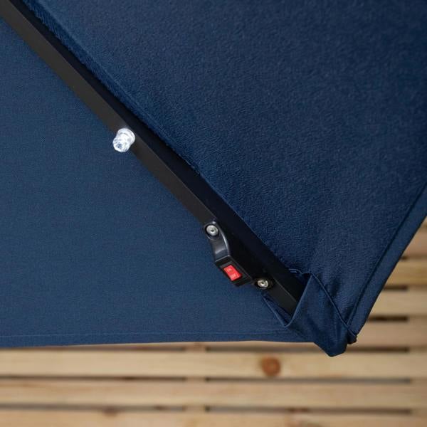 Samuel Alexander Outdoor 4 Person Round Glass Top Garden Dining Table Chairs With Blue Banana Lit Parasol and Base Set