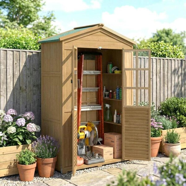 Outdoor Wooden Storage Cabinet, Garden Tool Shed with Acrylic Windows for Patio, Light Brown - Light Brown