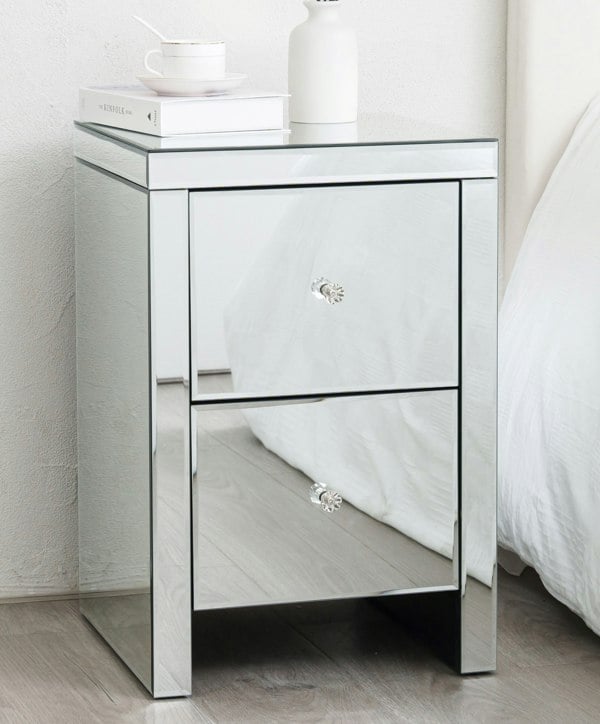 Comfy Living Large Mirrored Bedside Table with 2 Drawers Crystal Handles Bedroom Furniture