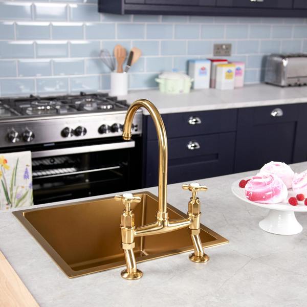 Flode Larvik | Kitchen Crosshead Bridge Mixer Tap | Polished Brass Finish
