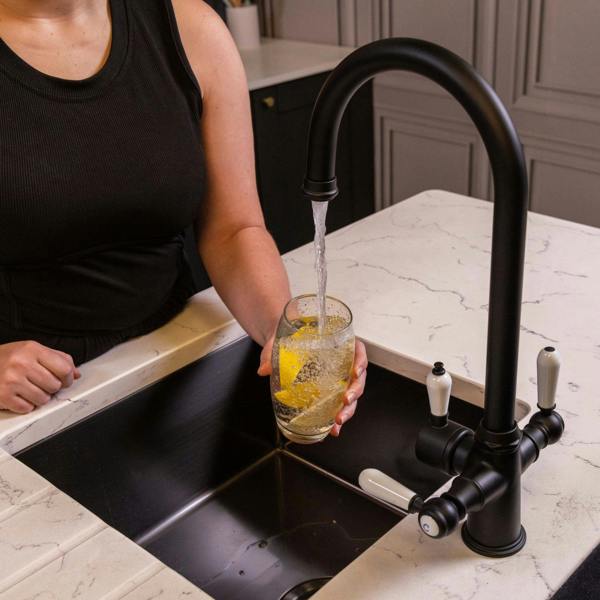Flode korsa | Traditional Cruciform Style 3 in 1 Instant Boiling Tap | White Ceramic Levers | Matt Black Finish