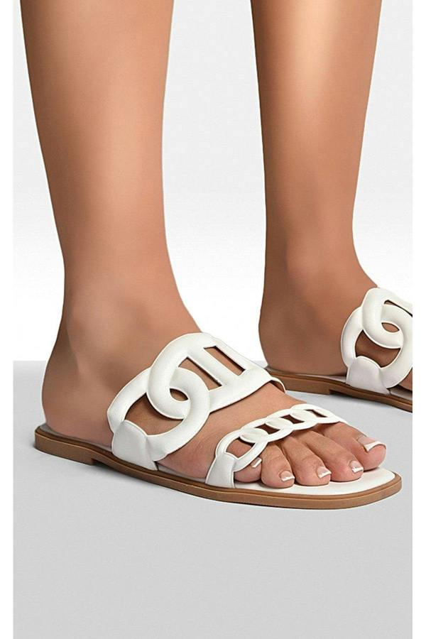 Betty Comfortable Flat Sandals With Double Leather Chain - White