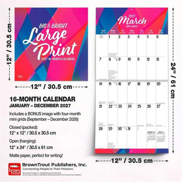 Large Print, Big & Bright Calendar 2027, Wall Calendars, Month To View, Basics, Gift