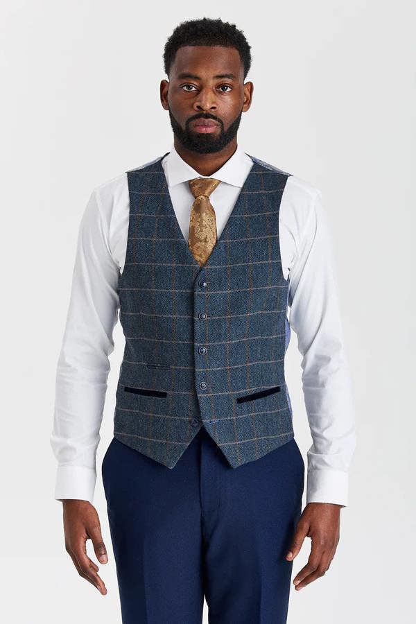 Paul Andrew Mayfair Navy Textured Suit with Harris Navy Tweed Waistcoat
