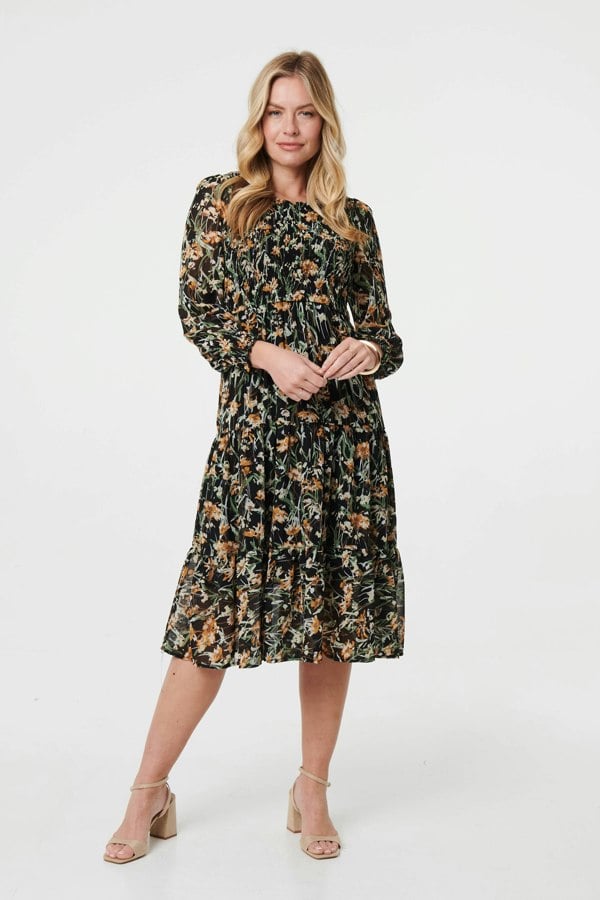 Black | Floral Long Sleeve Smocked Midi Dress
