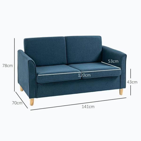 Blue compact loveseat sofa with armrests, two-seat back cushions, and wood legs